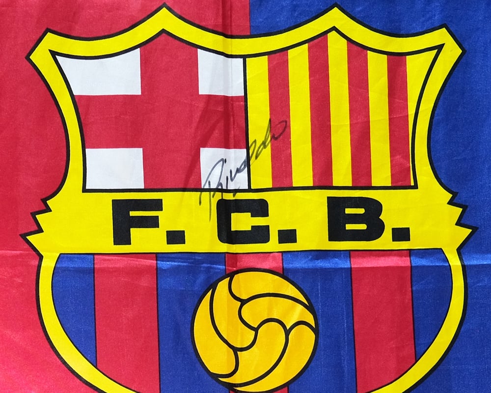 Image of Vintage Silk Barcelona Flag with Rivaldo Autograph