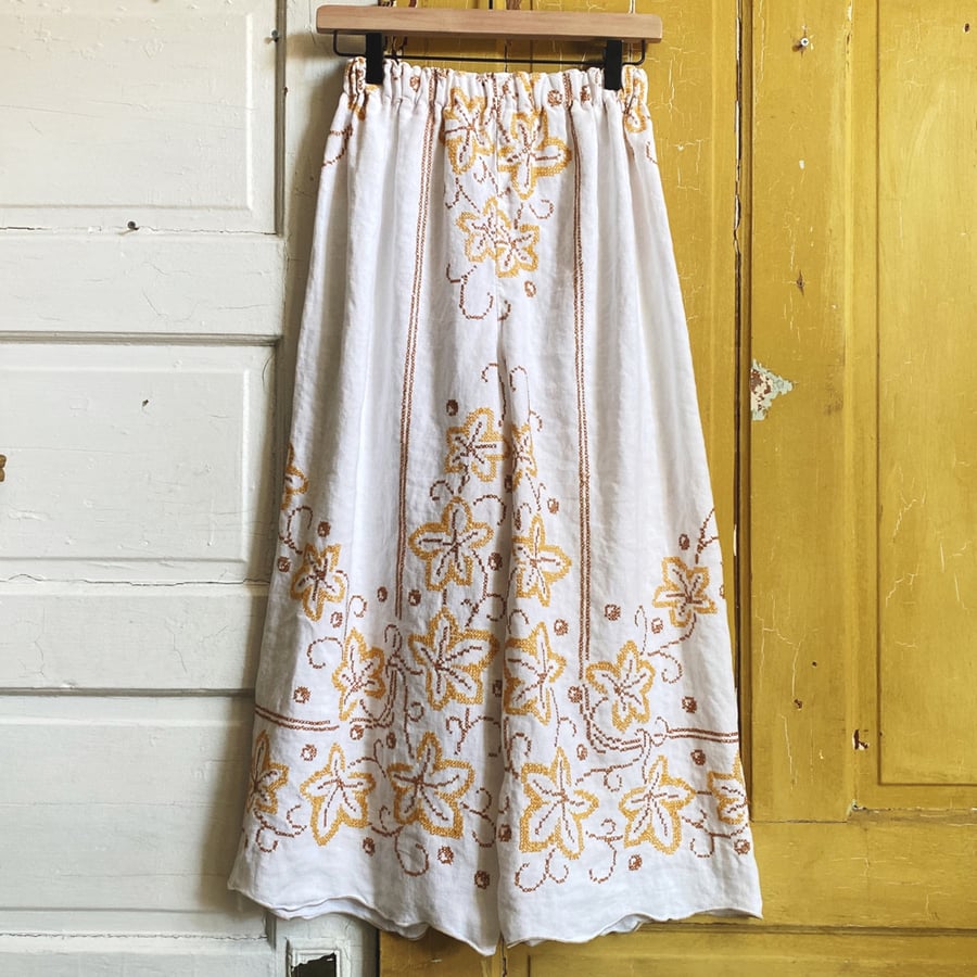Image of Coastal Autumn Linen Cross-stitch Granny Pants
