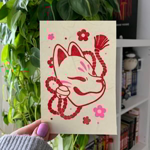 Image of Kitsune and Flowers PRINT [Red Variant]