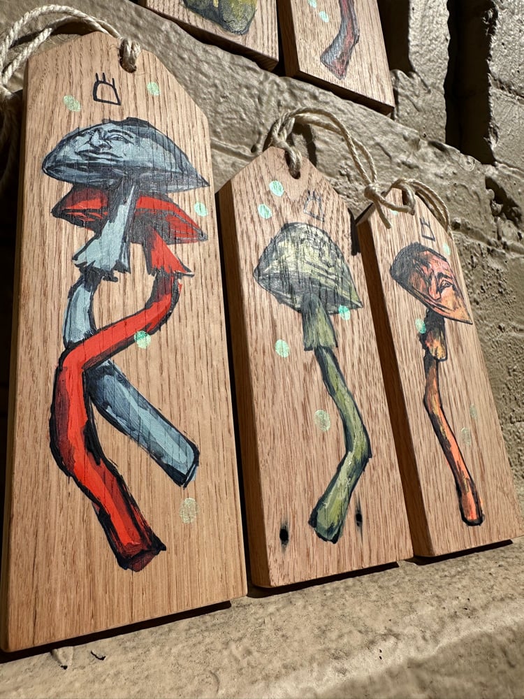 Image of Orange and blue mushrooms tag