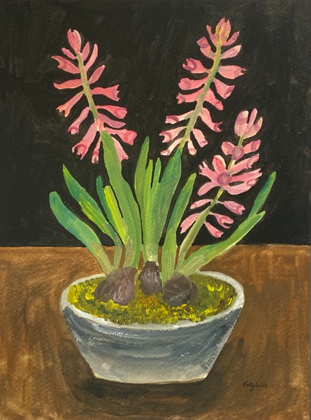 Image of tall pink hyacinths in a stone bowl - gouache painting