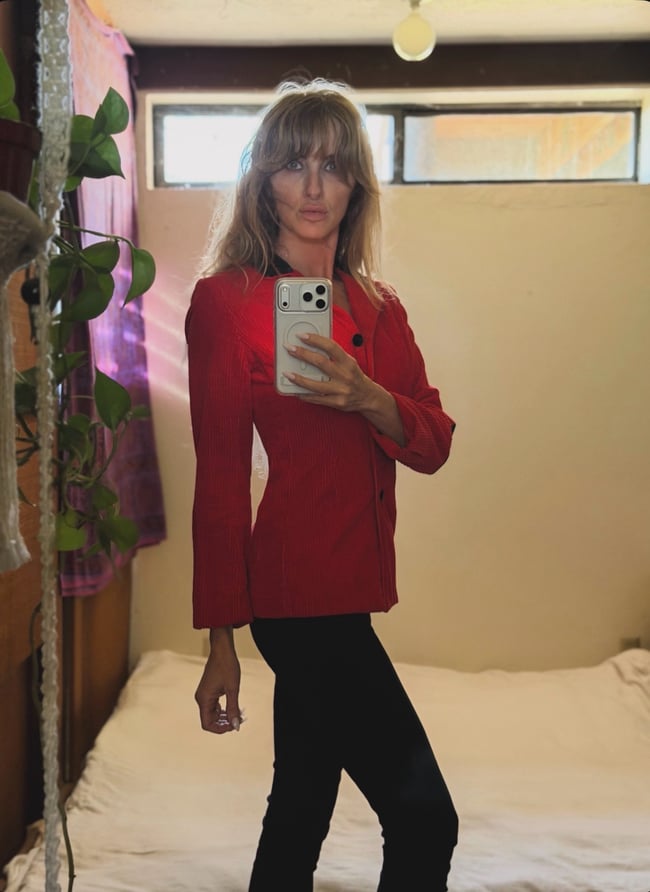 60s Mary Quant red mid blazer with elbow patches 