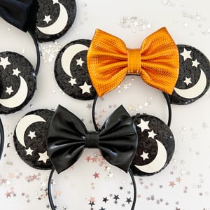 Image of Moon and Stars Mouse Ears with Black, Orange + Copper Bows