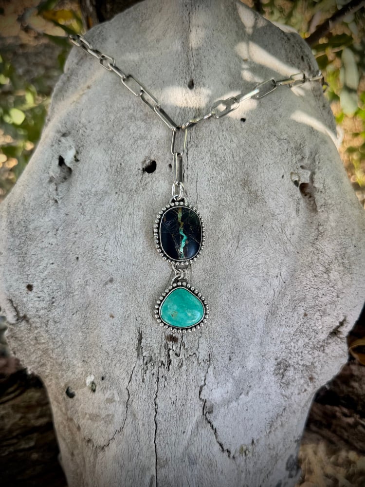 Image of Blackjack & Sonora Turquoise Lariat Necklace 🩵🖤