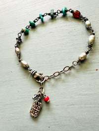 Image 14 of silvery pearl and turquoise nugget charm bracelet with adjustable chain