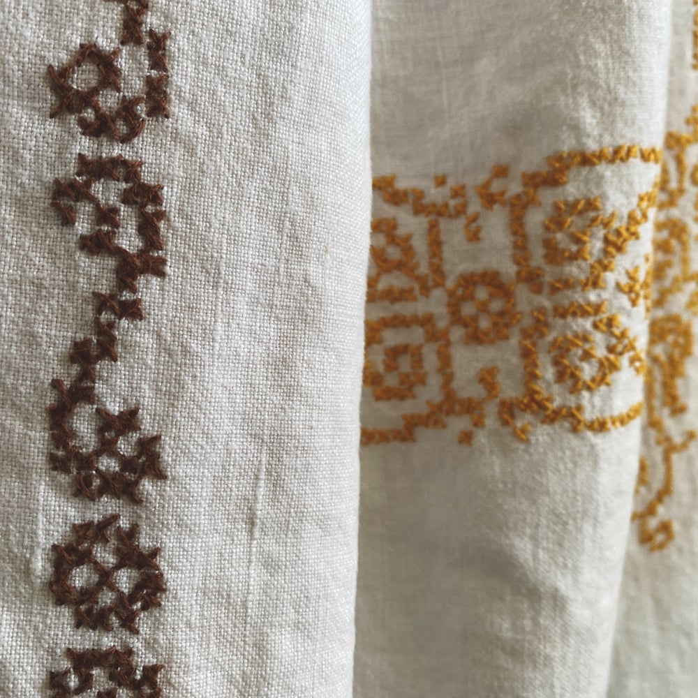 Image of Buttersctoch & Brown Cross-stitch Linen Granny Pants