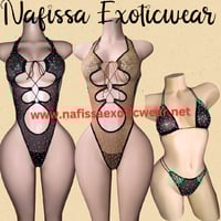 Image 1 of Women's Sparkly Rhinestone Sheer Mesh Bodysuit and Thong Set