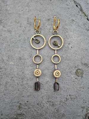 Long earrings with bullet casings and green stones 