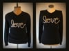 Upcycled “love” cursive yarn sweater in black