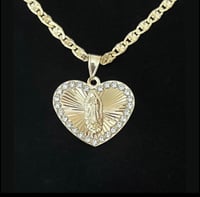 Image 1 of 14k Gold plated Necklace & Guadalupe heart shape pendent with rhinestones