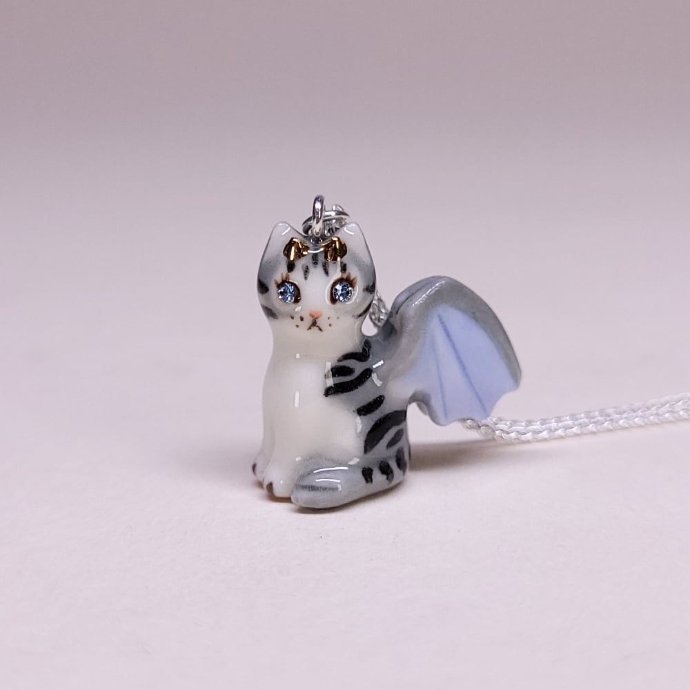 Image of Silver Tabby Dragon Porcelain & Sterling Silver Pendant