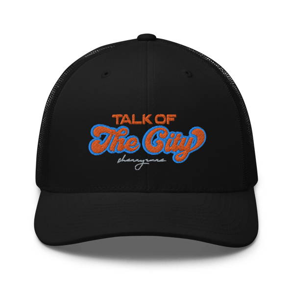 Image of “TALK OF THE CITY” Mesh Trucker Hat (ORANGE/BLUE)