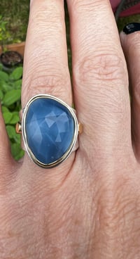 Image 3 of Gemmy Faceted Blue Opal 18 Karat Gold Setting