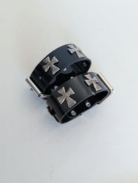 Image 4 of SAMPLE - Ghoulish Cross Bootstraps in shiny black PVC (One Size) 