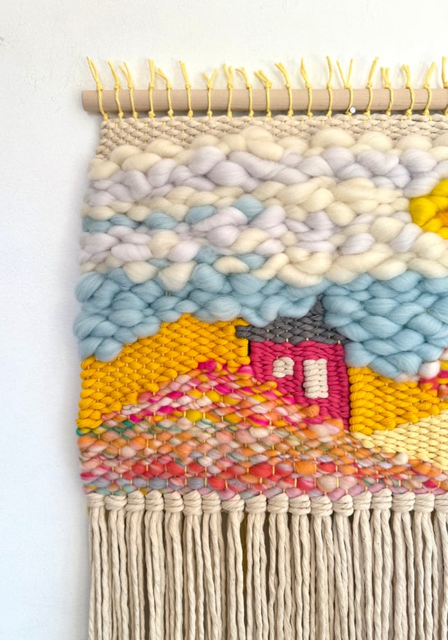 Little Pink House & Sunshine. Woven Wall Hanging.