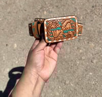 Image 1 of BROWN W/ TURQUOISE LEATHER BELT