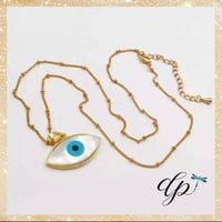 Image 1 of Natural White Shell Evil Eye 🧿 Pendant With 18'' Inch Gold Layer Necklace