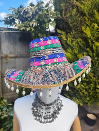 Image 4 of Dolly cowboy hat - recycled sari fabric green pink blue