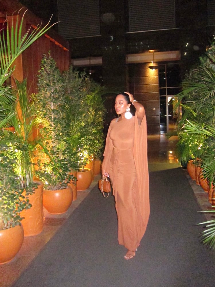 Image of COPPER BATWING DRAPED MAXI DRESS (XS)