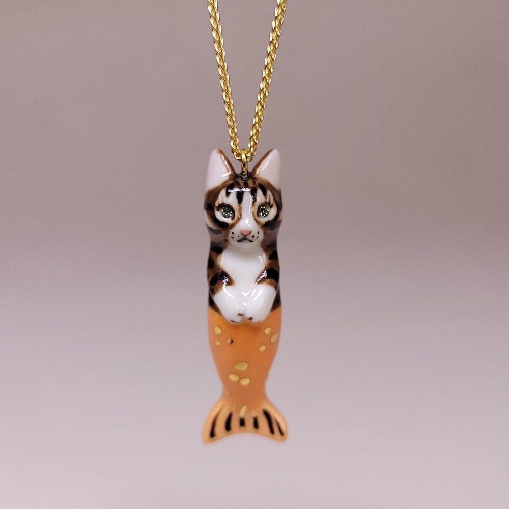 Image of Dark Brown Tabby Porcelain & Gold Vermeil Purrmaid Pendant