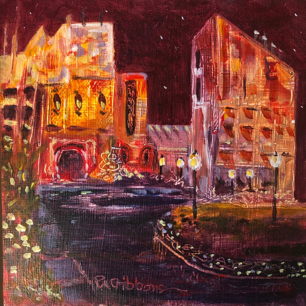 Image of Abstract Cityscape Acrylic On Wood Panel 6x6 RED SKY AT NIGHT