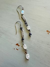 Image 1 of asymmetrical iolite and rainbow moonstone dangle earrings