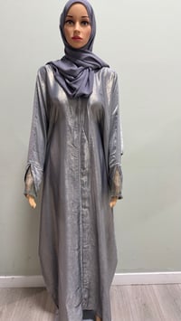 Image 4 of Korean shimmer fabric Flared sleeve abaya Gray close come with a matching scarf 