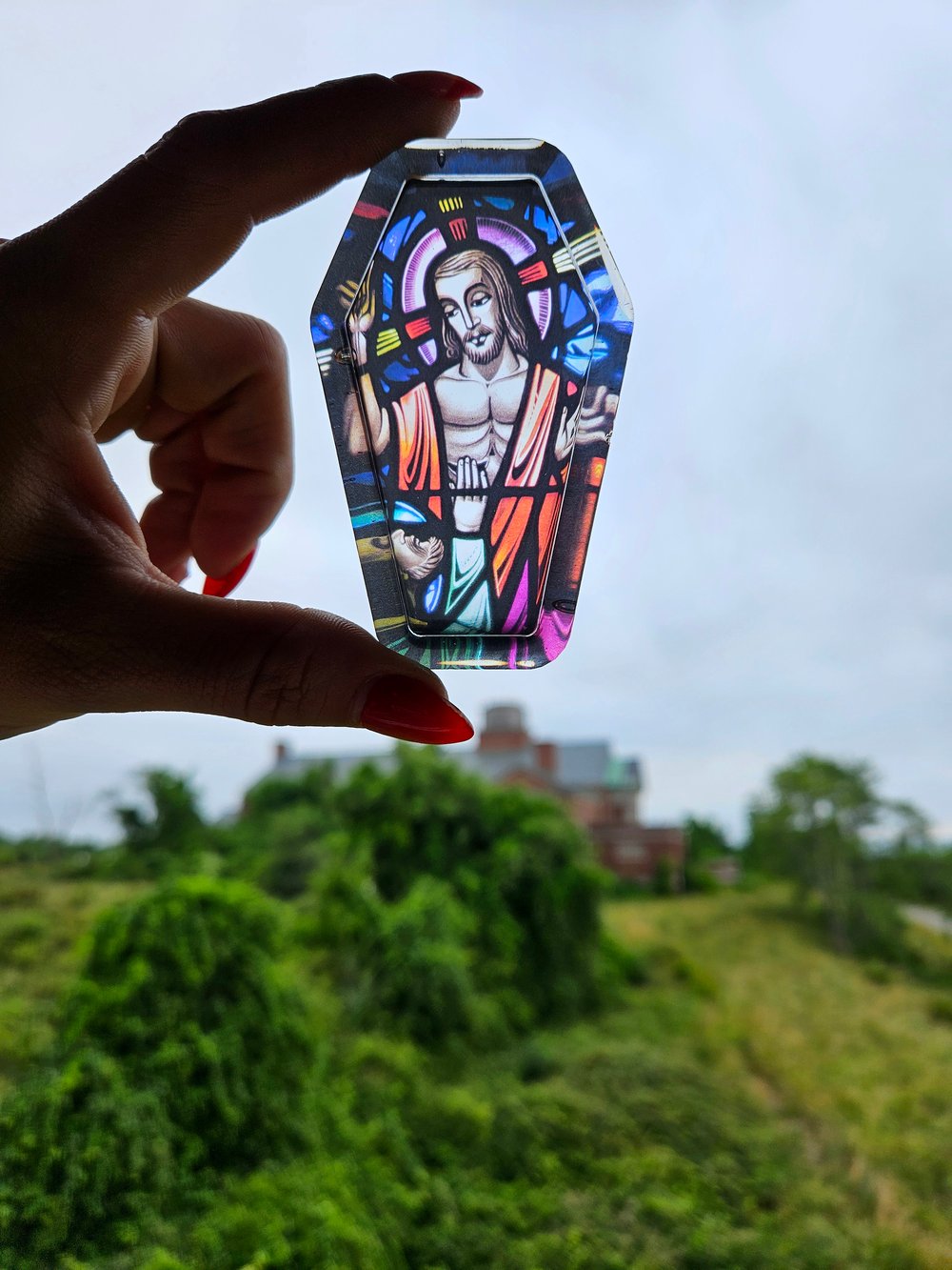 Image of Mini Bando Buff Jesus Coffin Tray Close-Up