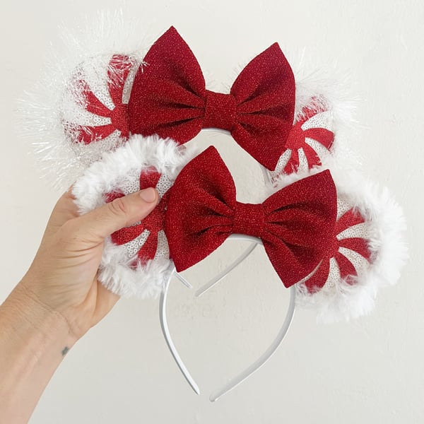 Image of Red Peppermint Mouse Ears with Trim