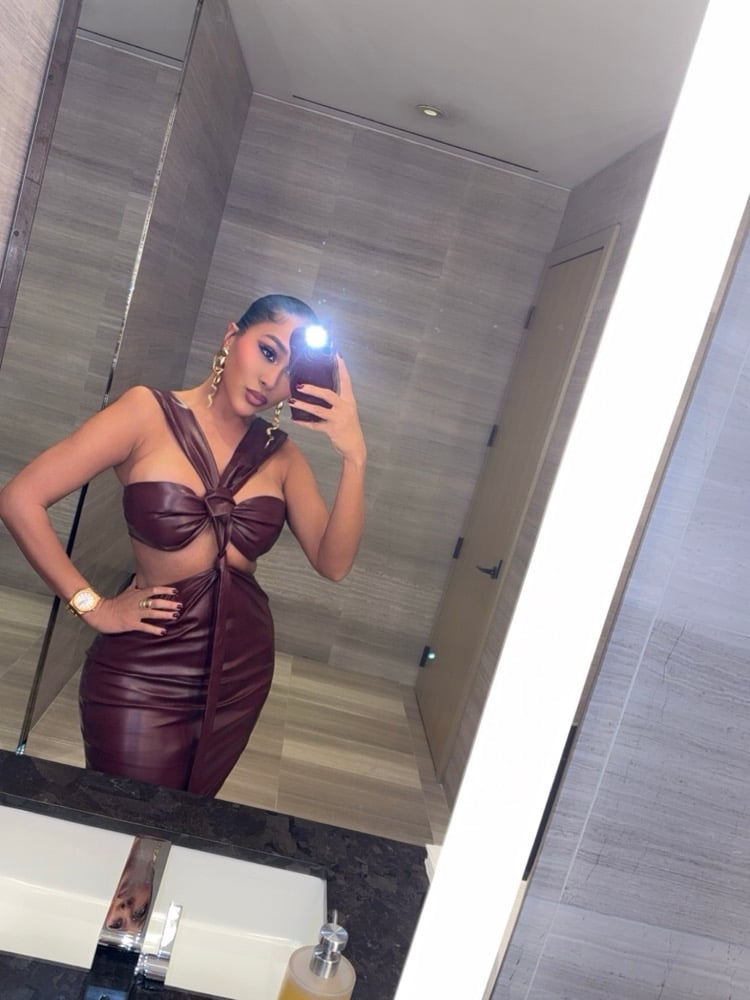 Image of BURGUNDY FAUX LEATHER CUTOUT MIDI DRESS (S/M)