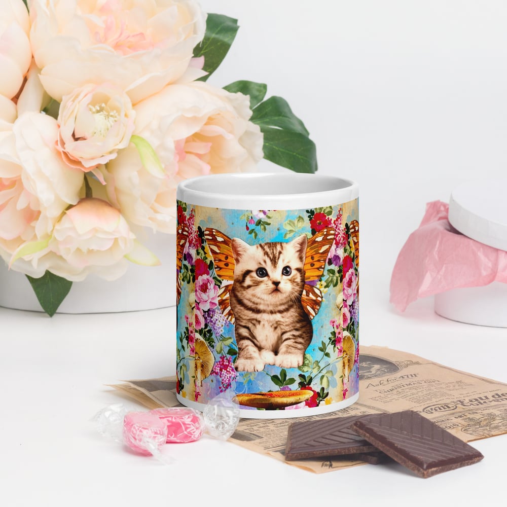 Image of Butterfly Mushroom Kitty - White Glossy Mug