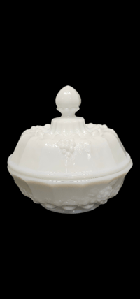 Image 1 of Vintage Westmoreland Paneled Grape Milk Glass Covered Candy Dish