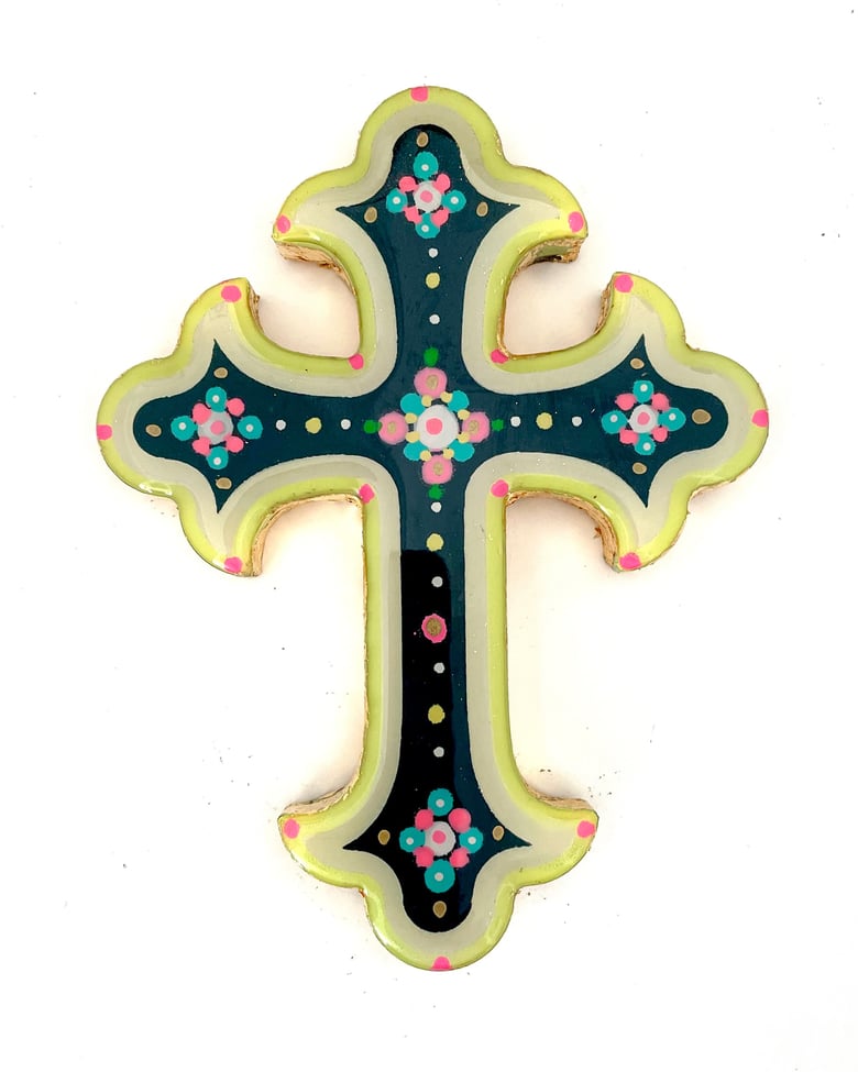 Image of Floral Cross Small Navy Blue/White/Fluoro Yellow 