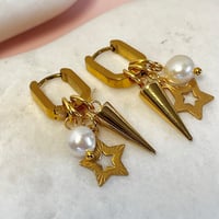 Image 3 of Triple charm oval Huggie Hoops - smaller with star, pearl and spike