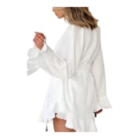 Image 2 of White Long Sleeve Pajama Nightgown with Tie Waist and V-Neckline for Loungewear and Nightwear