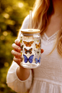 Image 1 of Butterfly Sipper Glass (16oz)  with Bamboo Lid & Straw MOTHER'S DAY LIMITED EDITION 