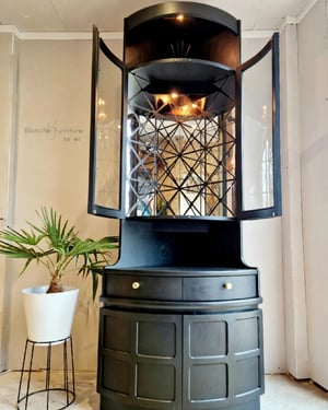 Image of Nathan Corner Drinks Cabinet unit with light in Black - with geometric styled mirrors