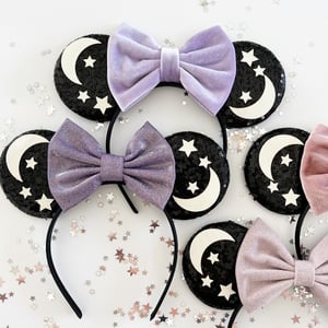 Image of Moon and Stars Mouse Ears with Purple and Frosted Mauve Bows