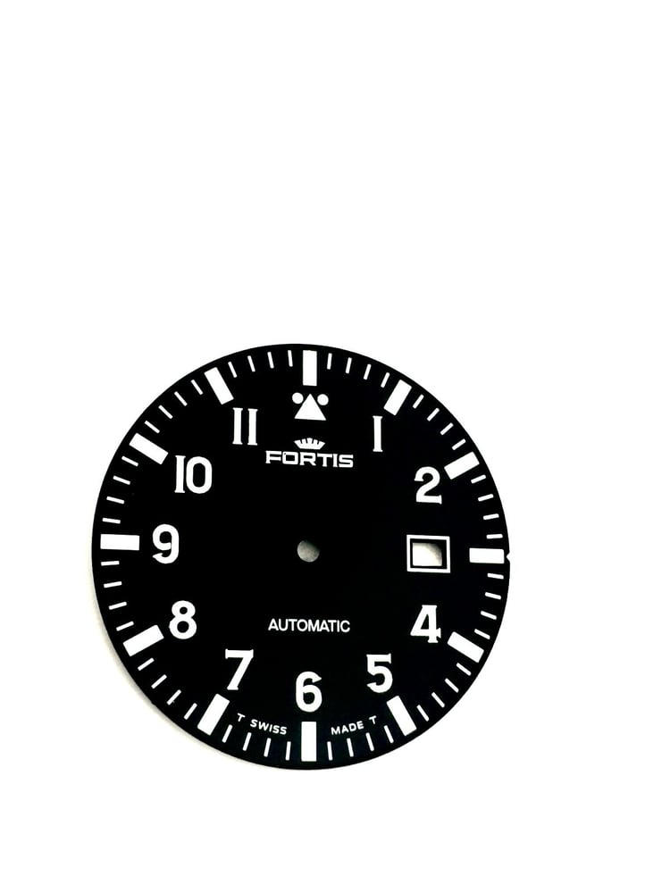 Image of Black fortis gents watch dial,radium glow markers,35mm.fits cal 2824,2846,New,genuine.