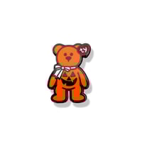Image 2 of Halloween Pumpkin and Skeleton Bear Enamel Pin – Spooky Beanie Inspired Teddy