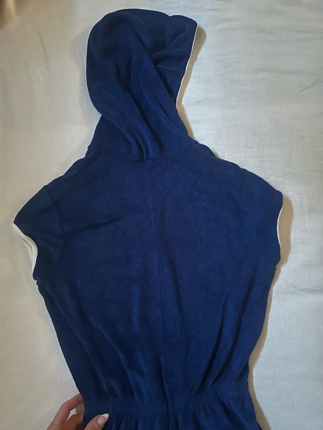 70s navy terry cloth romper with zip and hood