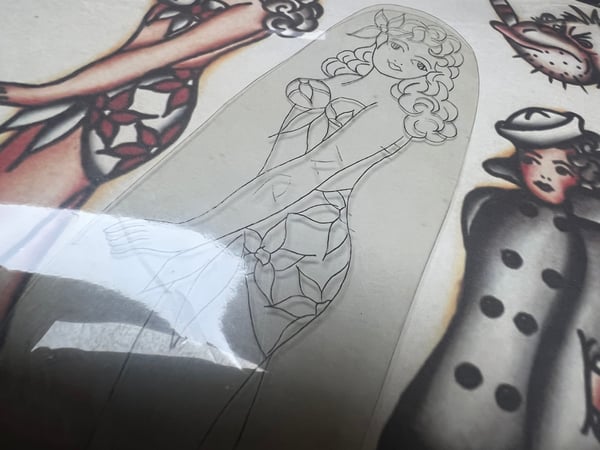 Image of Original 1950’s “Painless Nell” Bowen “Islander Pinup” Acetate Stencil & “PN” etching