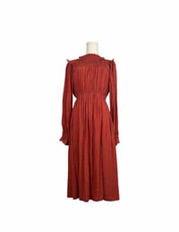 Image 1 of Rust Red Mock Neck Smocked Bodice Pleated Midi Dress – Long Sleeve Boho Fall Dress Size Small NWOT