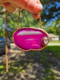 Image 4 of Electroformed pink geode slice and moonstone necklace 01