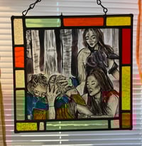 Image 1 of Stained glass painted real housewives scene panel