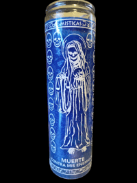 Santa Muerte Blue candle with skulls 