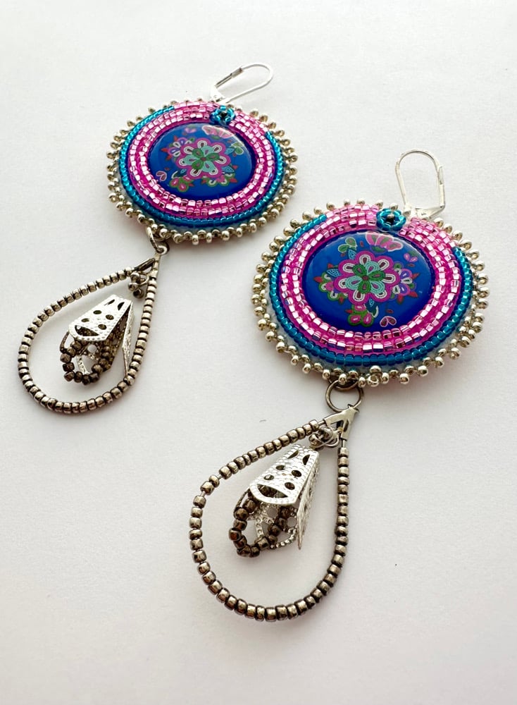 Image of Blue & Pink Beaded floral earrings