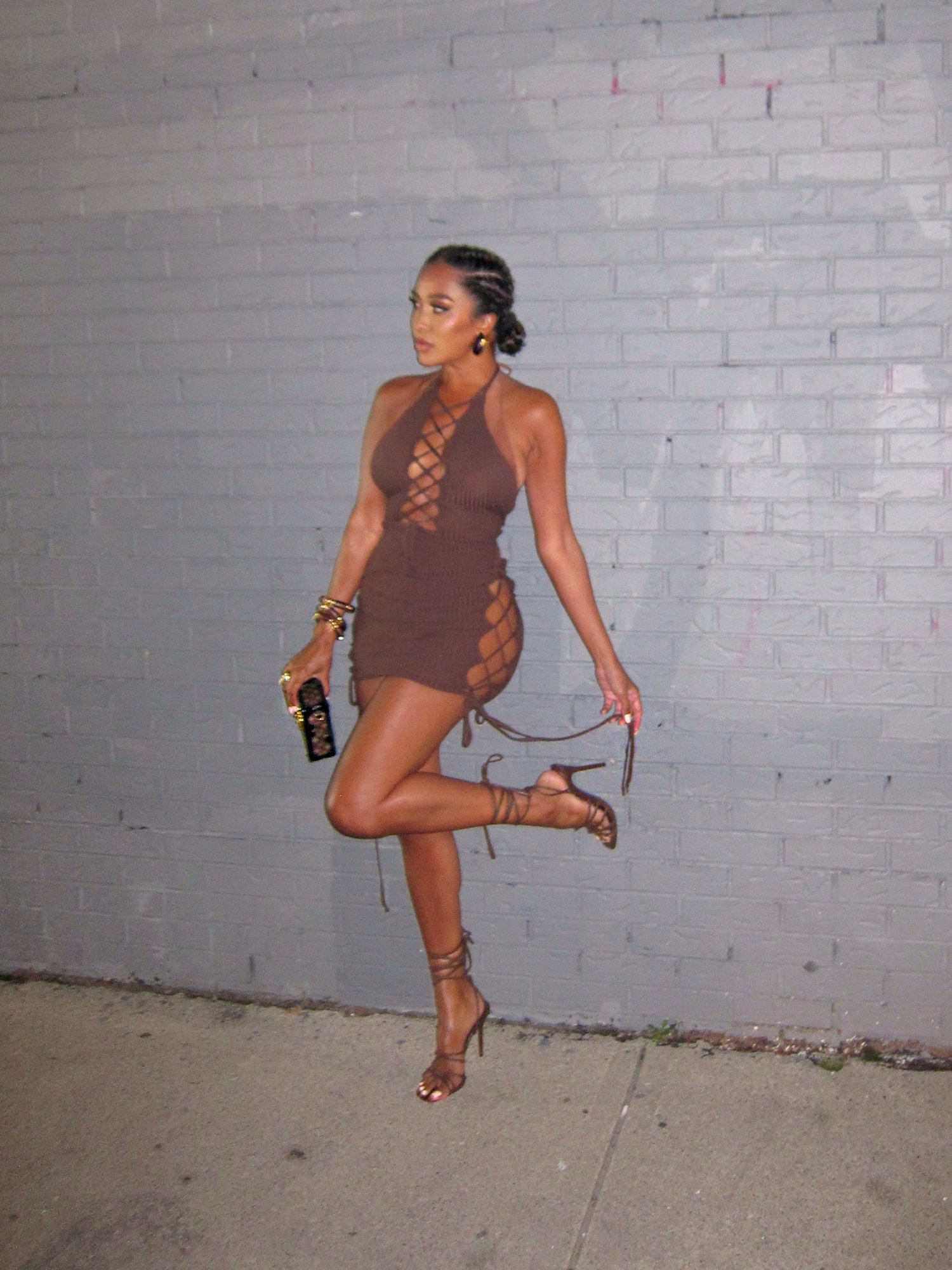 Image of BROWN RIBBED MINI DRESS WITH CRISS CROSS STRAPS (S/M)