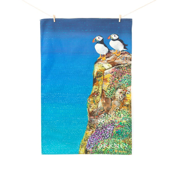 Image of Orkney puffin tea towel
