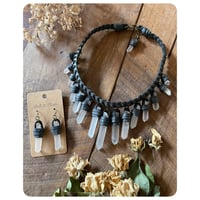 Image 1 of The Empress Necklace and Earrings - Clear Quartz Crystals and Shadow Grey Leather